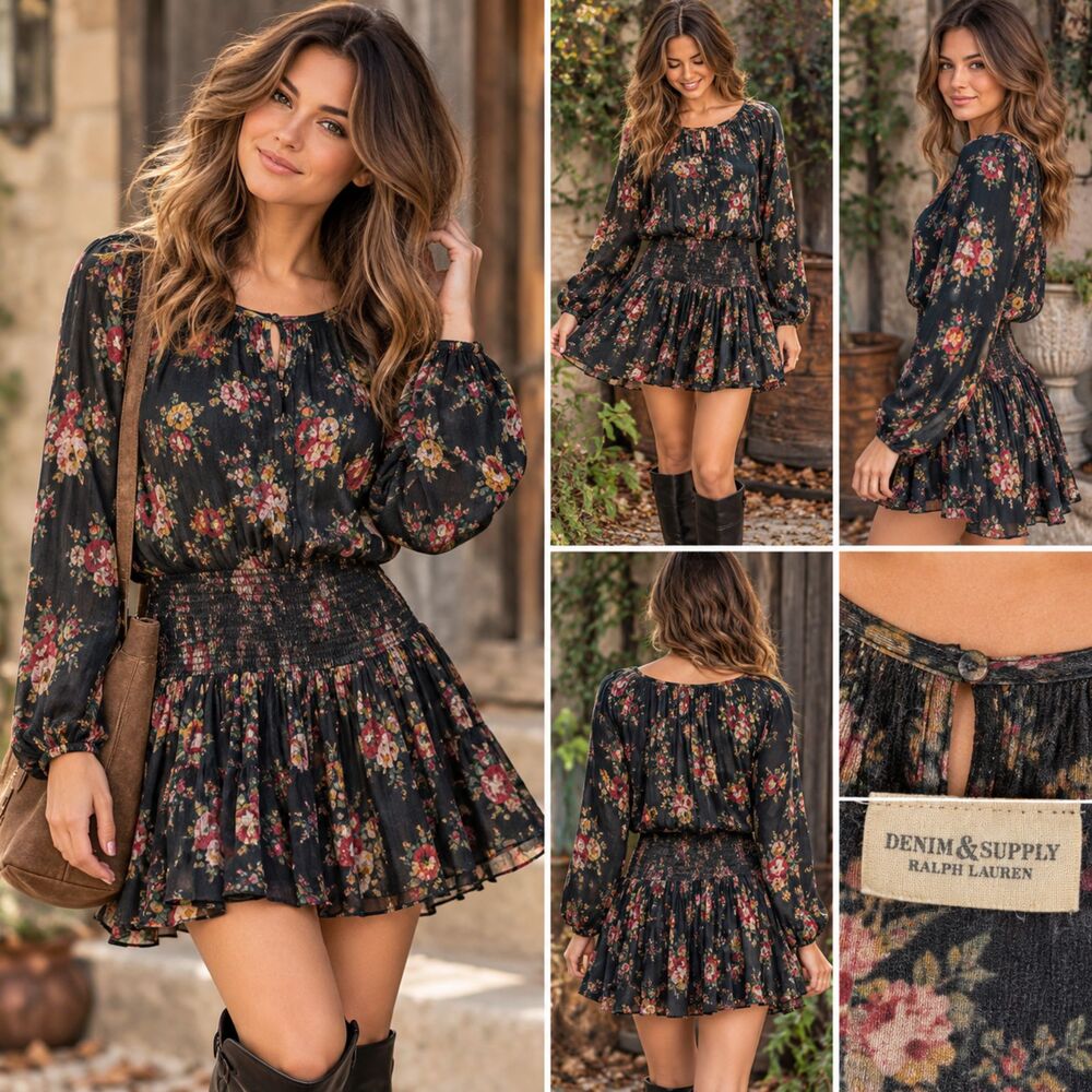 Denim & Supply RL Floral Smocked Drop-Waist Mini Dress L Dark Romantic